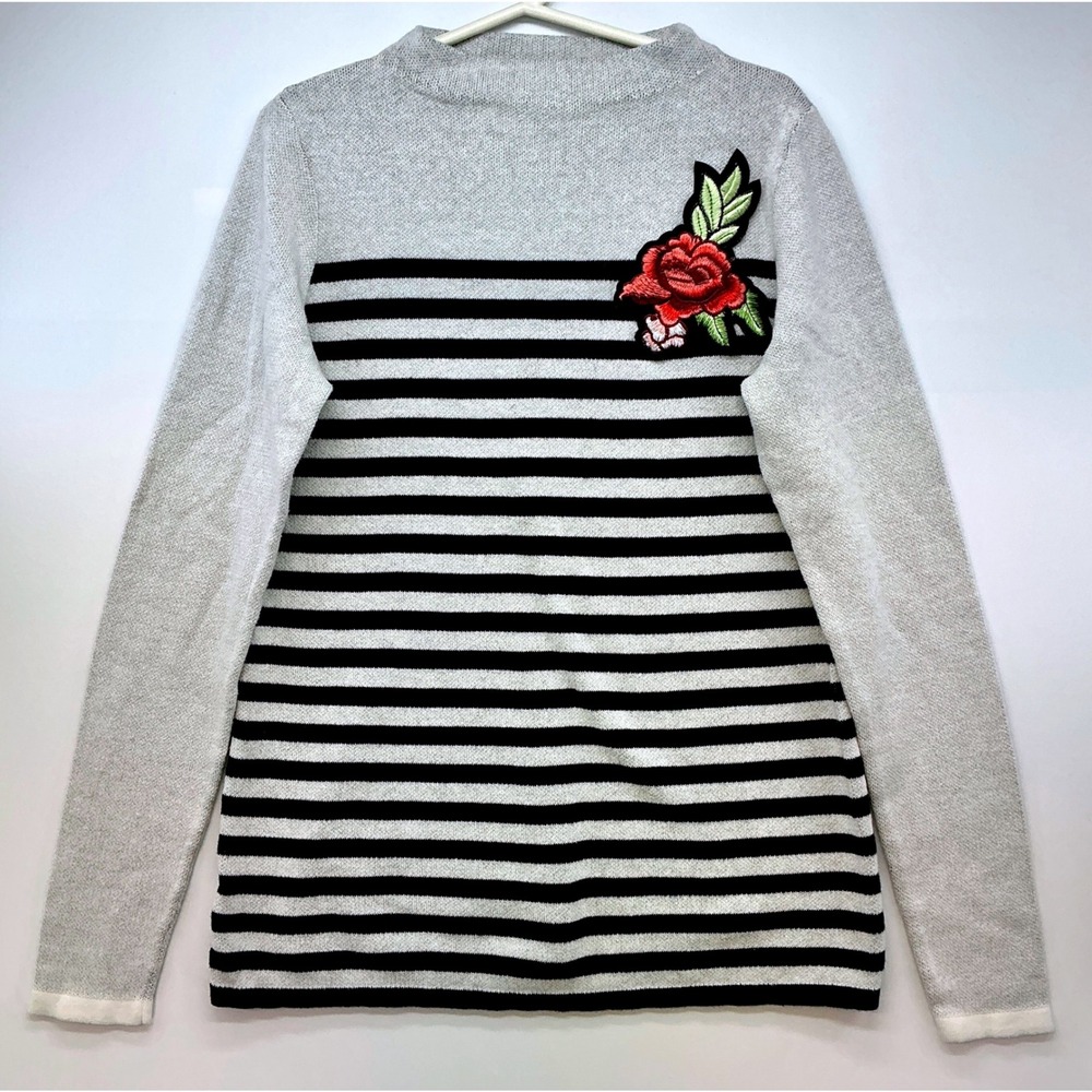 Ann Taylor Factory Striped Mock Neck Floral Applique Sweater Sz XS Preppy